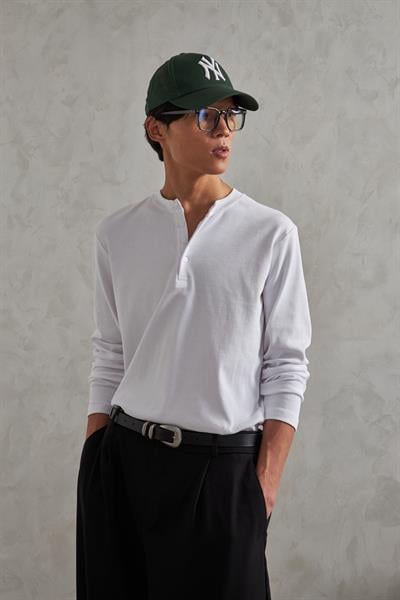 Erkek Henley Yaka Düğmeli Penye Bluz Beyaz
