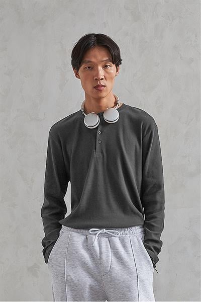 Erkek Henley Yaka Düğmeli Penye Bluz Gri