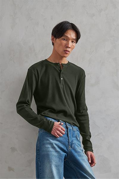 Erkek Henley Yaka Düğmeli Penye Bluz Haki