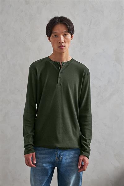 Erkek Henley Yaka Düğmeli Penye Bluz Haki