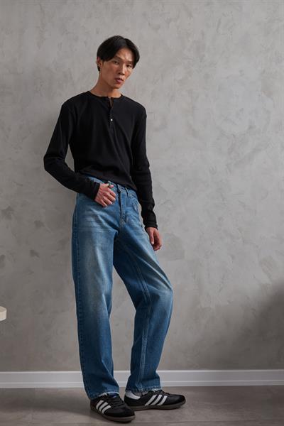 Erkek Henley Yaka Düğmeli Penye Bluz Siyah