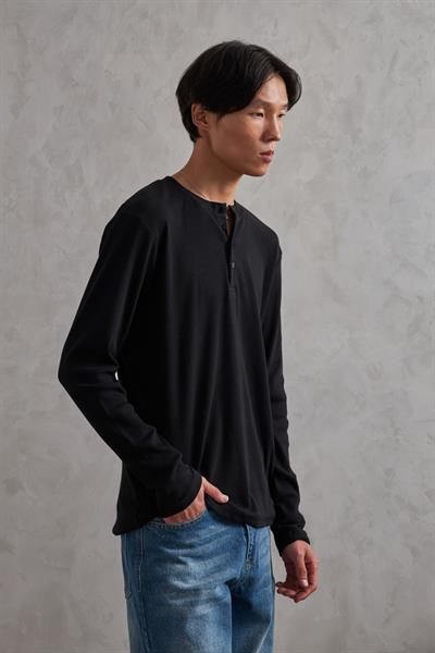 Erkek Henley Yaka Düğmeli Penye Bluz Siyah