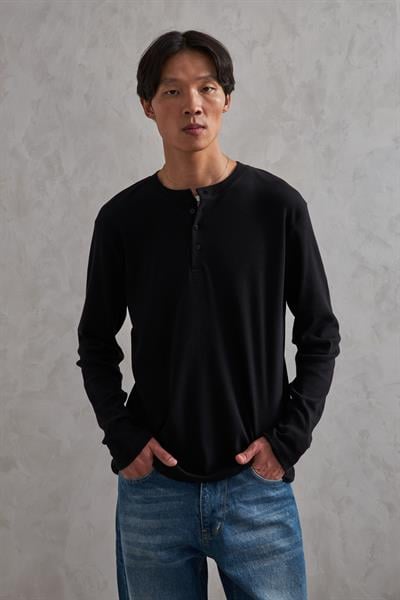 Erkek Henley Yaka Düğmeli Penye Bluz Siyah