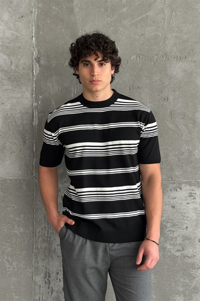 Erkek Bisiklet Yaka Oversize Çizgili Triko T-shirt Siyah
