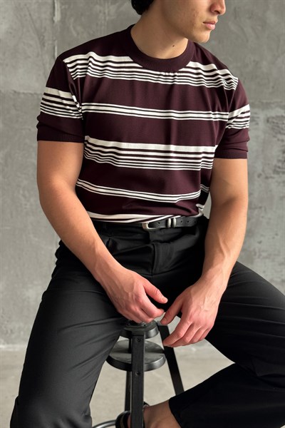 Erkek Bisiklet Yaka Oversize Çizgili Triko T-shirt Bordo