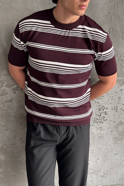 Erkek Bisiklet Yaka Oversize Çizgili Triko T-shirt Bordo