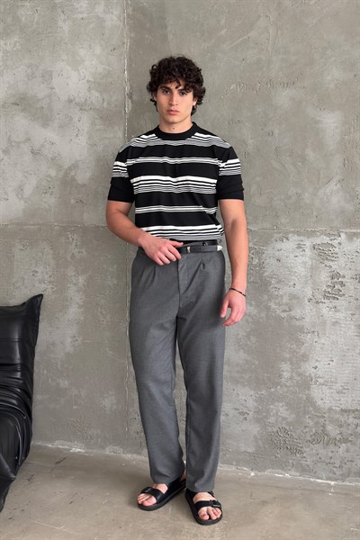 Erkek Bisiklet Yaka Oversize Çizgili Triko T-shirt Siyah