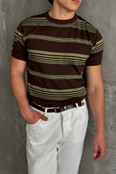 Erkek Bisiklet Yaka Oversize Çizgili Triko T-shirt Kahverengi