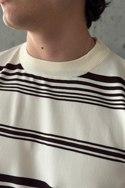 Erkek Bisiklet Yaka Oversize Çizgili Triko T-shirt Ekru