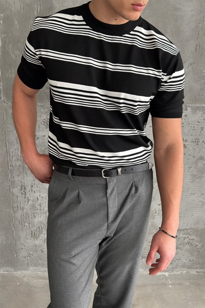 Erkek Bisiklet Yaka Oversize Çizgili Triko T-shirt Siyah