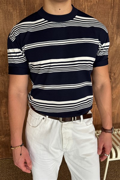 Erkek Bisiklet Yaka Oversize Çizgili Triko T-shirt Lacivert