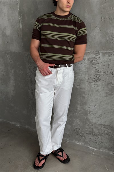 Erkek Bisiklet Yaka Oversize Çizgili Triko T-shirt Kahverengi
