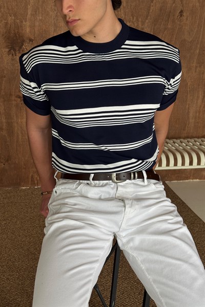 Erkek Bisiklet Yaka Oversize Çizgili Triko T-shirt Lacivert