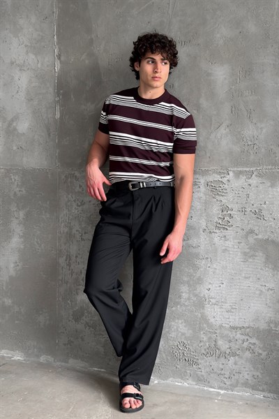 Erkek Bisiklet Yaka Oversize Çizgili Triko T-shirt Bordo