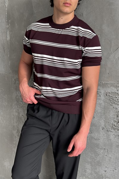 Erkek Bisiklet Yaka Oversize Çizgili Triko T-shirt Bordo