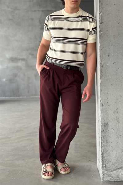 Erkek Bisiklet Yaka Oversize Çizgili Triko T-shirt Ekru