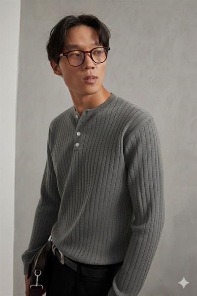 Erkek Fitilli Henley Yaka Düğmeli Triko Kazak Koyu Füme