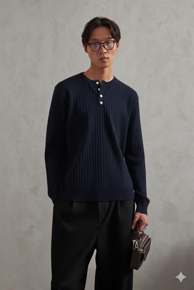 Erkek Fitilli Henley Yaka Düğmeli Triko Kazak Lacivert