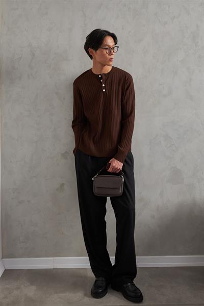 Erkek Fitilli Henley Yaka Düğmeli Triko Kazak Kahverengi