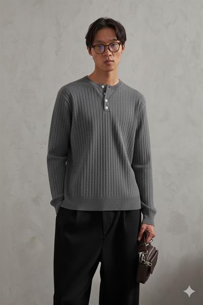 Erkek Fitilli Henley Yaka Düğmeli Triko Kazak Koyu Füme