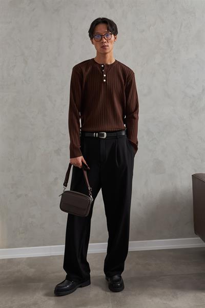 Erkek Fitilli Henley Yaka Düğmeli Triko Kazak Kahverengi