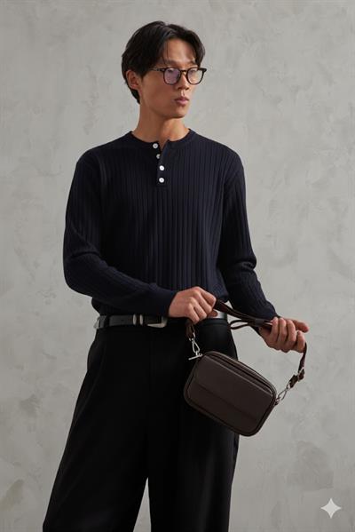 Erkek Fitilli Henley Yaka Düğmeli Triko Kazak Lacivert