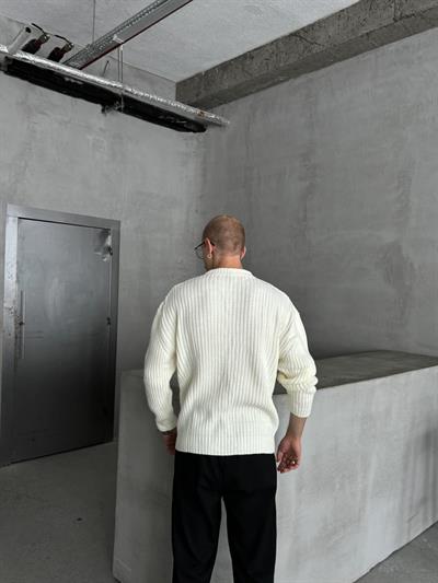 Erkek Fitilli Örme Oversize Kazak Beyaz