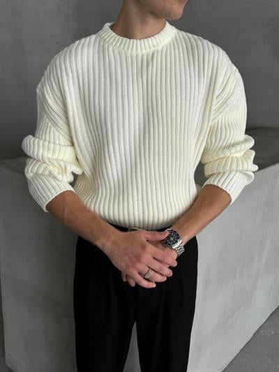 Erkek Fitilli Örme Oversize Kazak Beyaz