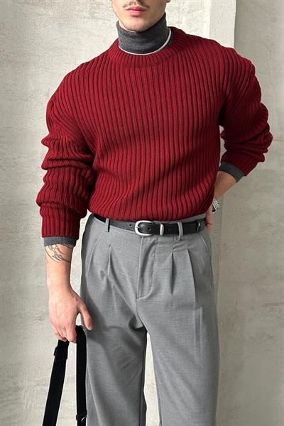 Erkek Fitilli Örme Oversize Kazak Bordo
