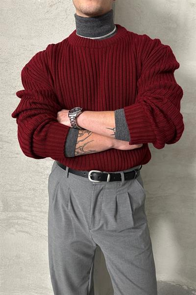 Erkek Fitilli Örme Oversize Kazak Bordo