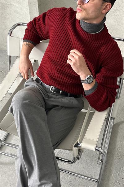 Erkek Fitilli Örme Oversize Kazak Bordo