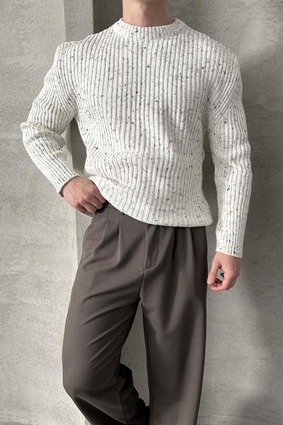 Erkek Fitilli Örme Oversize Kazak Ekru