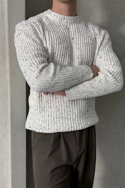 Erkek Fitilli Örme Oversize Kazak Ekru