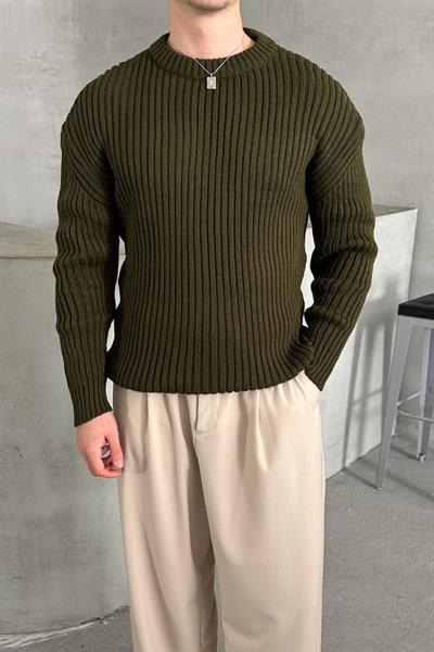 Erkek Fitilli Örme Oversize Kazak Haki