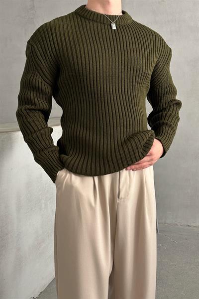 Erkek Fitilli Örme Oversize Kazak Haki