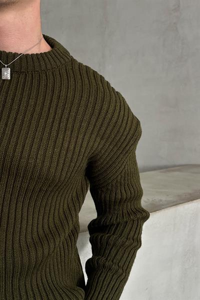 Erkek Fitilli Örme Oversize Kazak Haki