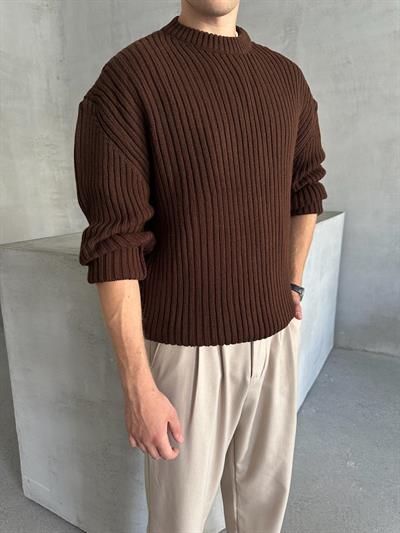 Erkek Fitilli Örme Oversize Kazak Kahverengi