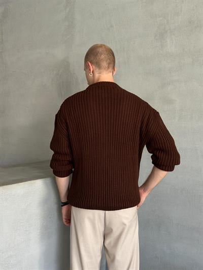 Erkek Fitilli Örme Oversize Kazak Kahverengi