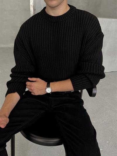 Erkek Fitilli Örme Oversize Kazak Siyah