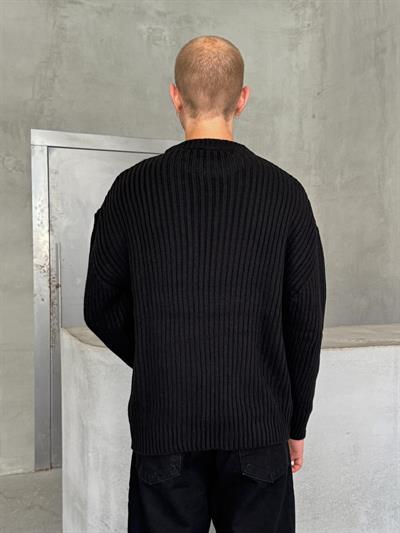 Erkek Fitilli Örme Oversize Kazak Siyah