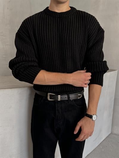 Erkek Fitilli Örme Oversize Kazak Siyah
