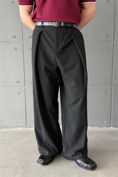 Erkek Geniş Pileli Kore Kesim Baggy Pantolon Siyah