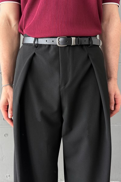 Erkek Geniş Pileli Kore Kesim Baggy Pantolon Siyah