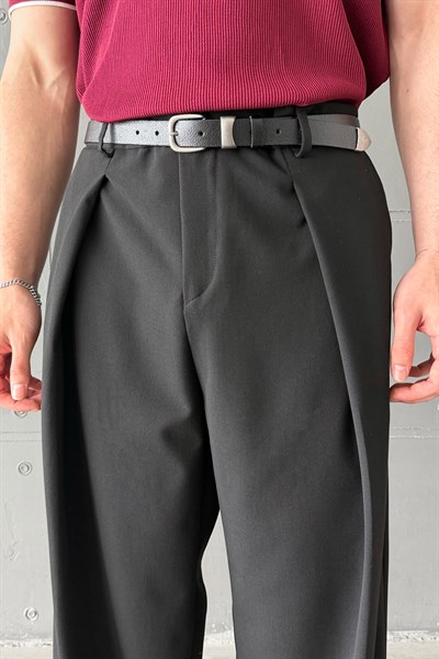 Erkek Geniş Pileli Kore Kesim Baggy Pantolon Siyah