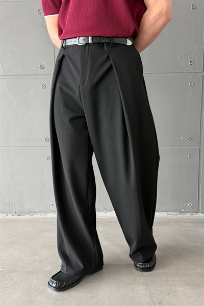 Erkek Geniş Pileli Kore Kesim Baggy Pantolon Siyah