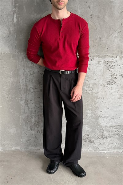 Erkek Henley Yaka Düğmeli Penye Bluz Kırmızı
