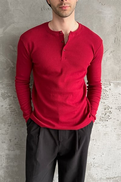 Erkek Henley Yaka Düğmeli Penye Bluz Kırmızı