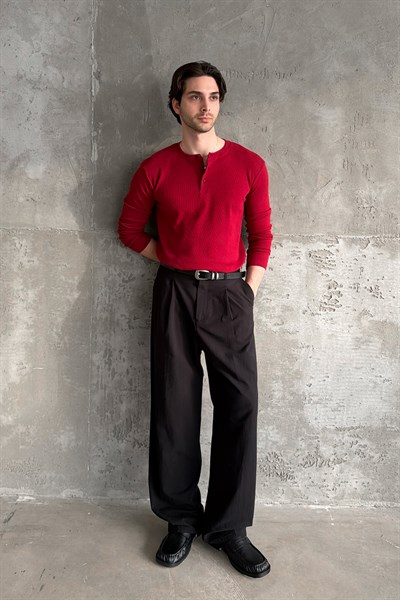 Erkek Henley Yaka Düğmeli Penye Bluz Kırmızı