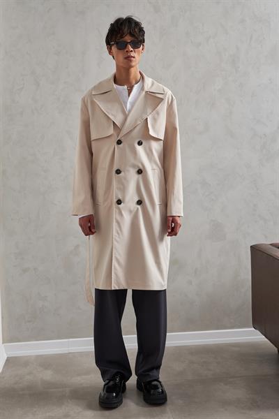 Erkek Kruvaze Yaka Oversize Trençkot Krem