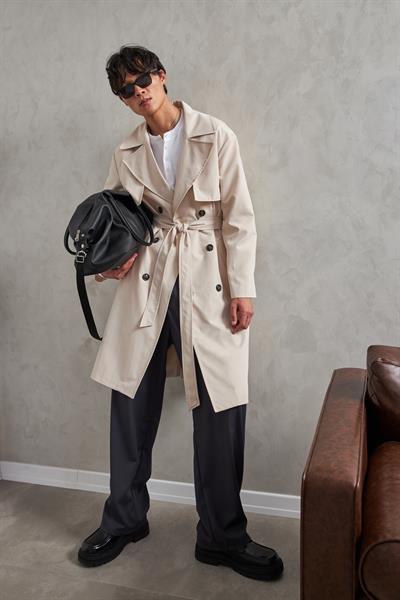 Erkek Kruvaze Yaka Oversize Trençkot Krem